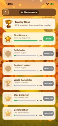 Achievements list with progress bars and rewards